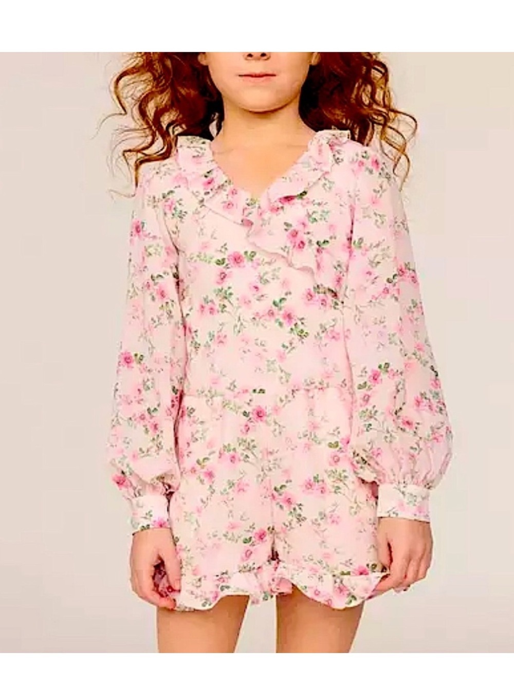 Janie and Jack Floral Pink Ruffle Long-Sleeve Romper size 6